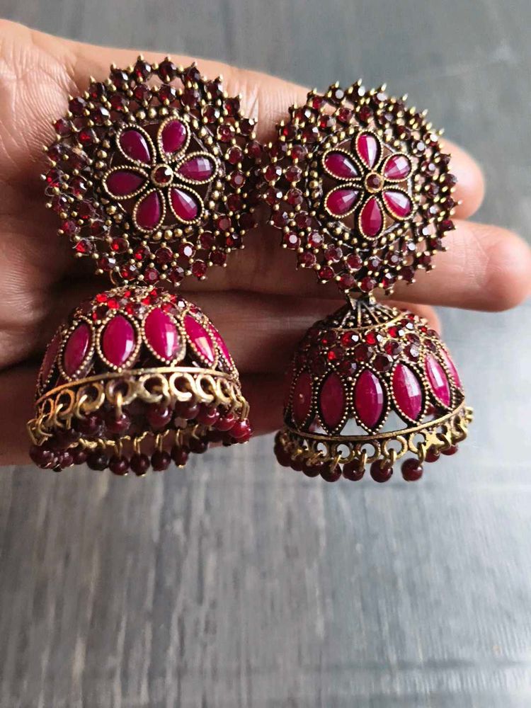 Red &amp; Gold Jhumka Earrings