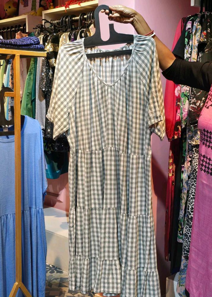Checked Tiered Midi Dress