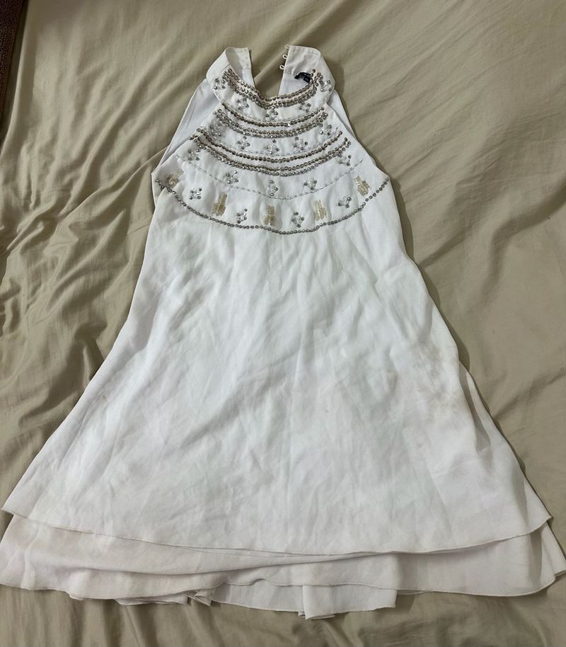 White Beaded Halter Neck Dress- xs