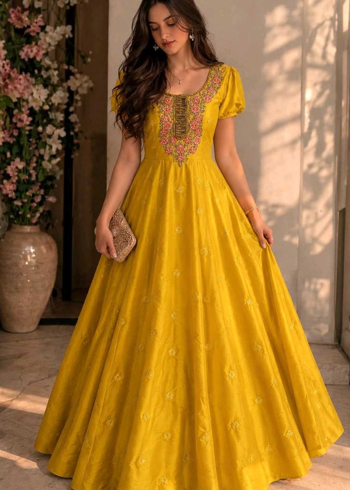Beautiful Yellow Embroidered Ethnic Gown