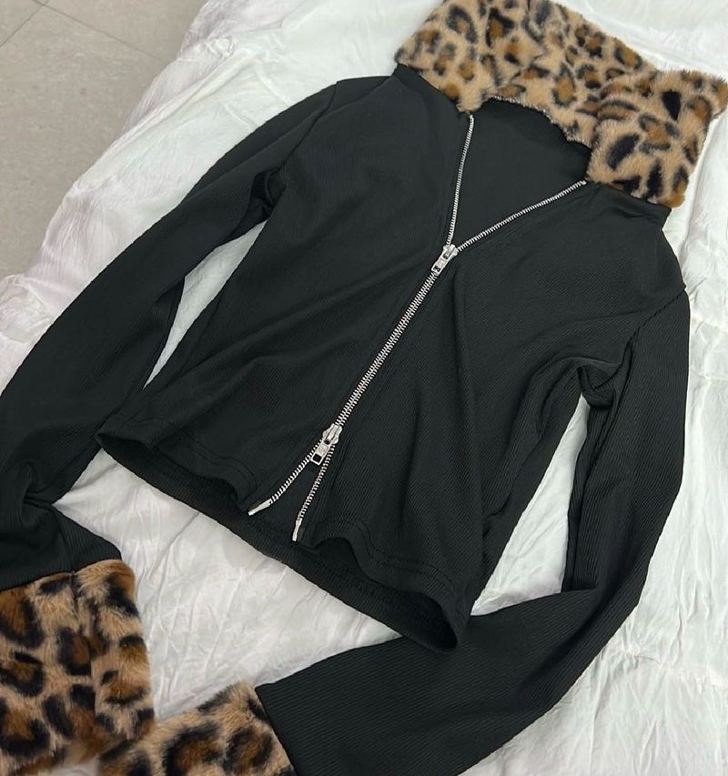 Leopard Trim Zip-Up y2k Top