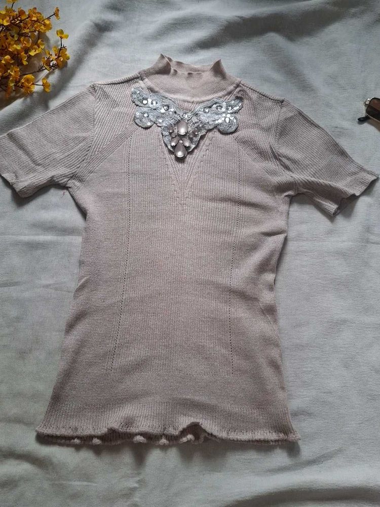 y2k Sparkling Embellished Mock Neck Top