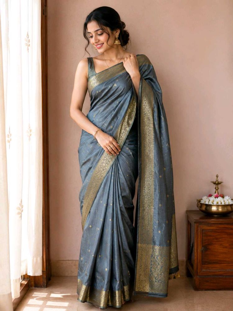 Elegant Grey Saree with Golden Motifs