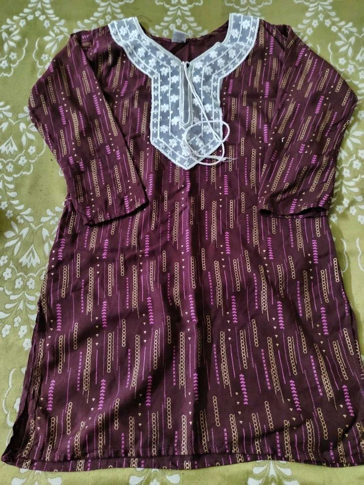 Maroon Printed Kurta with White Neckline
