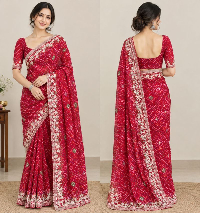 Elegant Red Bandhani Saree with Embellished Border