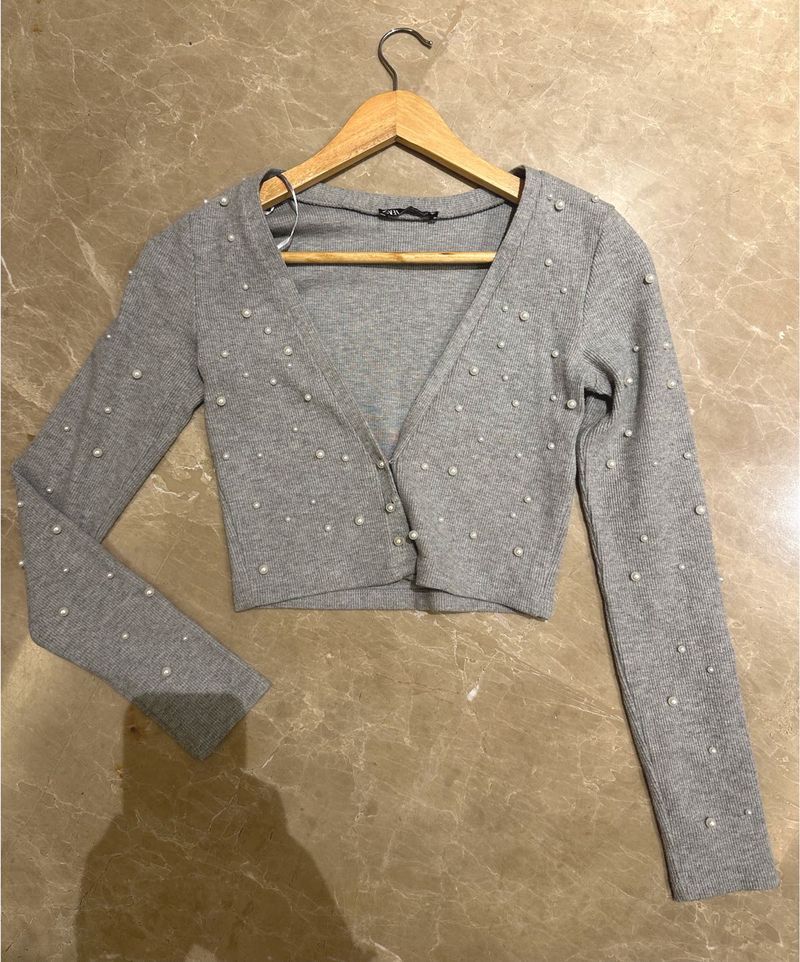 ZARA Grey Pearl Embellished Woolen Shrug