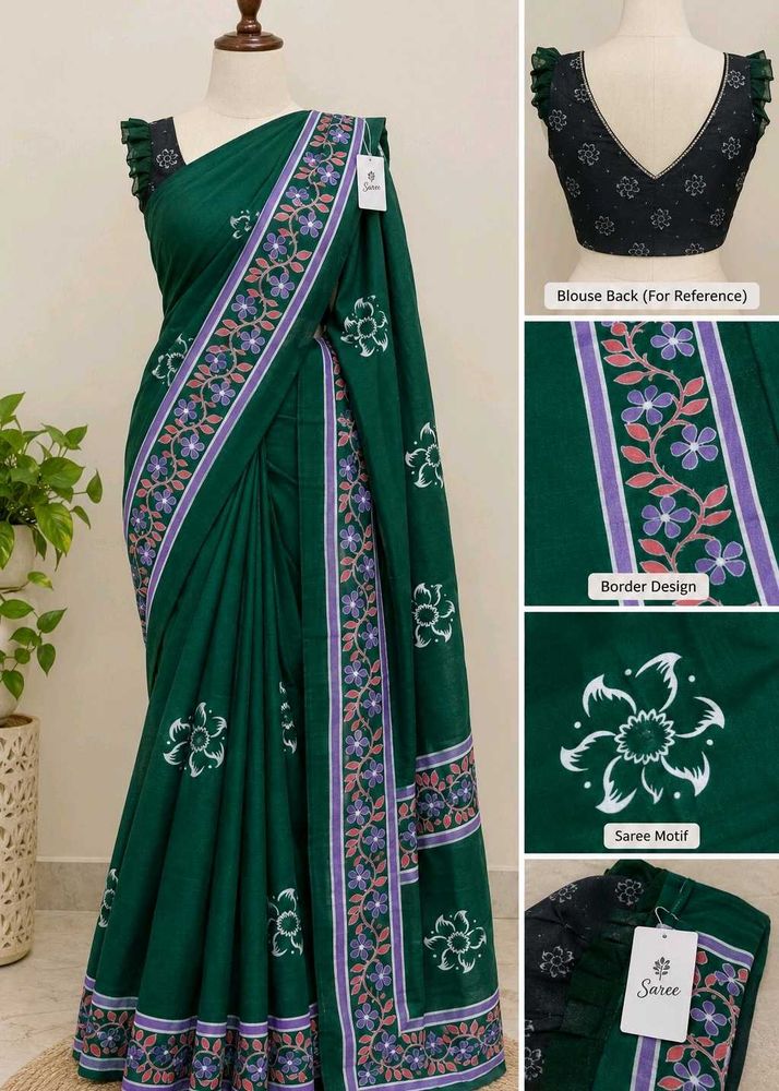 Elegant Emerald Green Cotton Saree