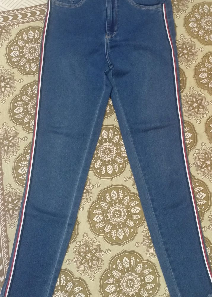 Blue Super Skinny Fit High Waist Side Strip Stretchable Jeans