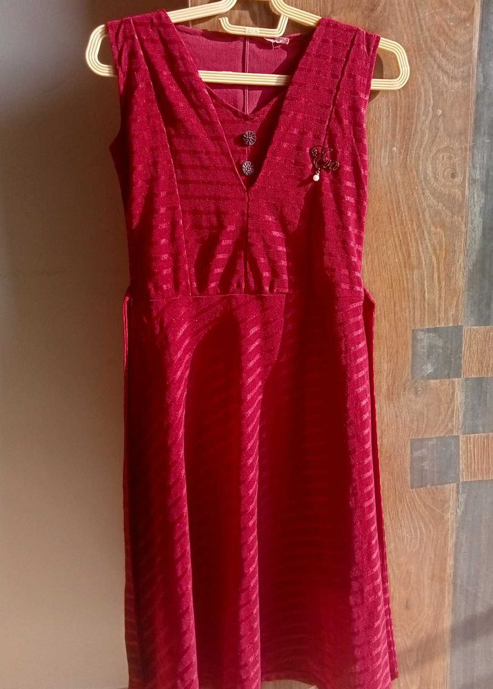 Deep Maroon A-Line Party Dress with Brooch Detail