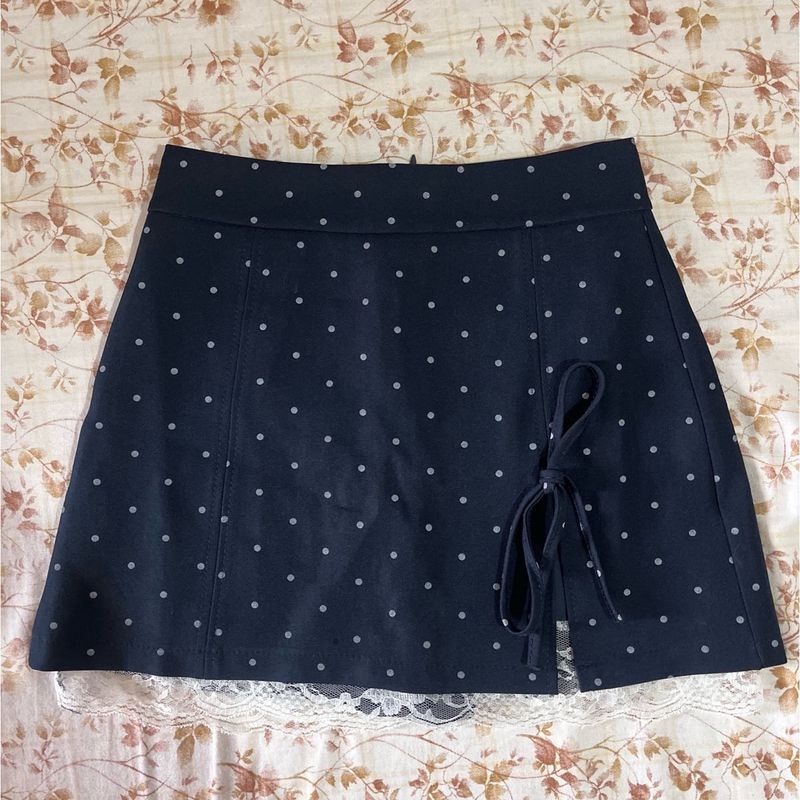 Navy Polka Dot Skirt with Lace Trim