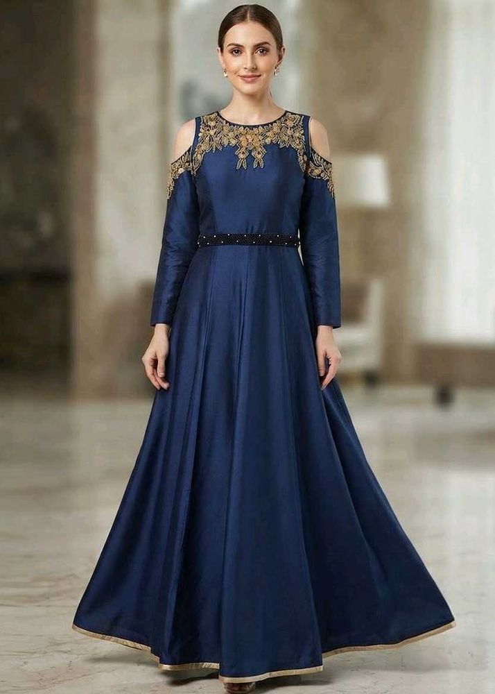 Blue Cold Shoulder Embroidered Gown(NEW)