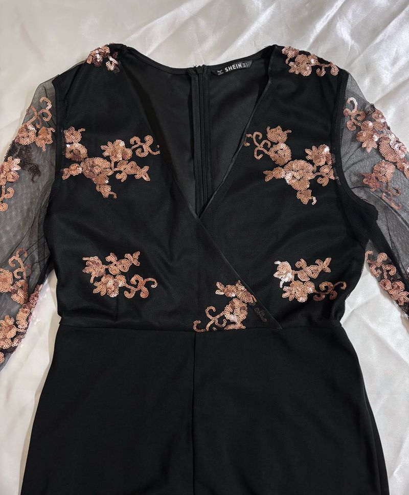 Shein Sequin Black Sheer Sleeve Jumpsuit