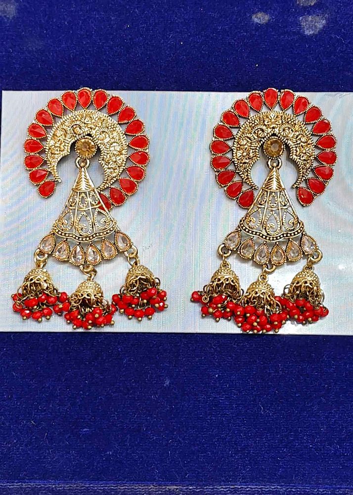 Exquisite Red &amp; Gold Jhumka Earrings