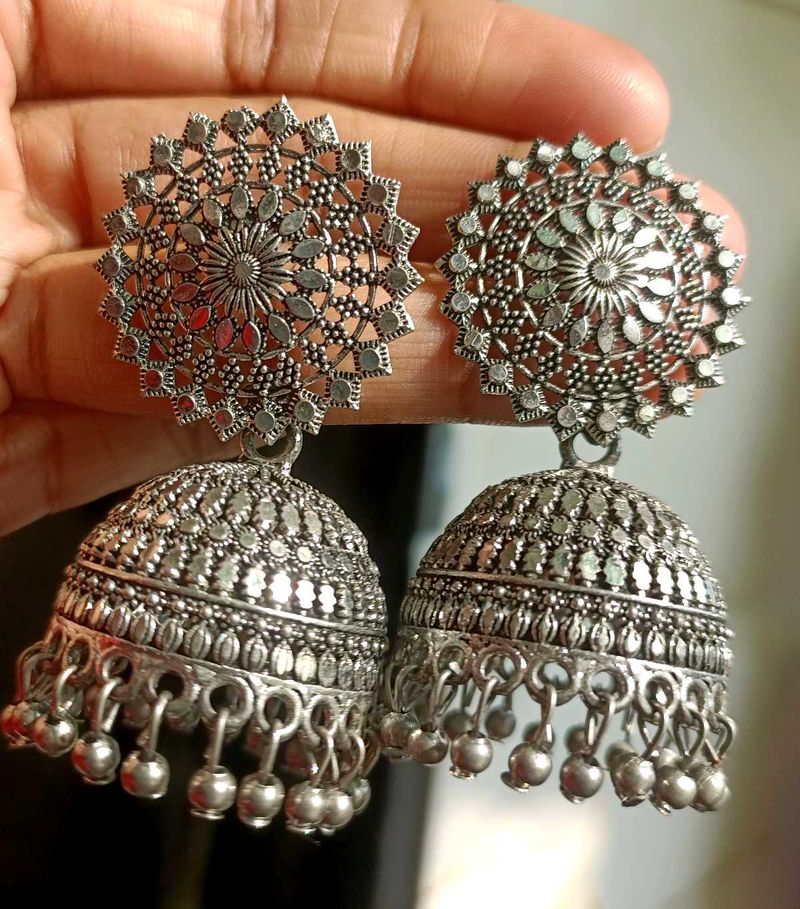 Oxidized Silver Jhumka Earrings
