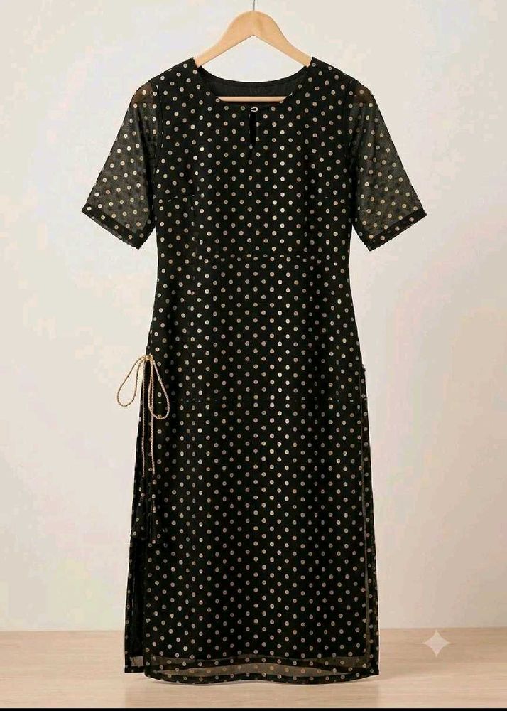 New Elegant Black Kurta with Silver Polka Dots