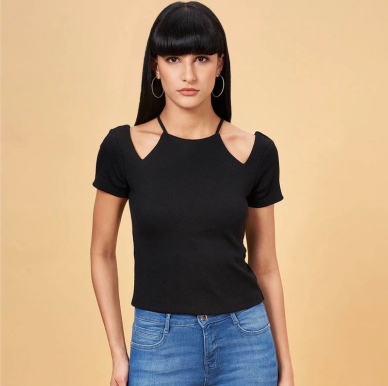 SF Jeans Co Black Ribbed Cut-Out Shoulder Top | XL