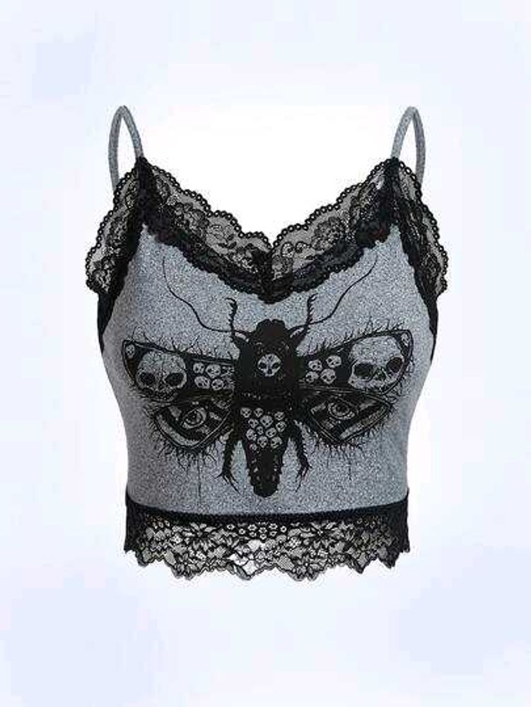 Gothic Moth Lace Trim Cami Top