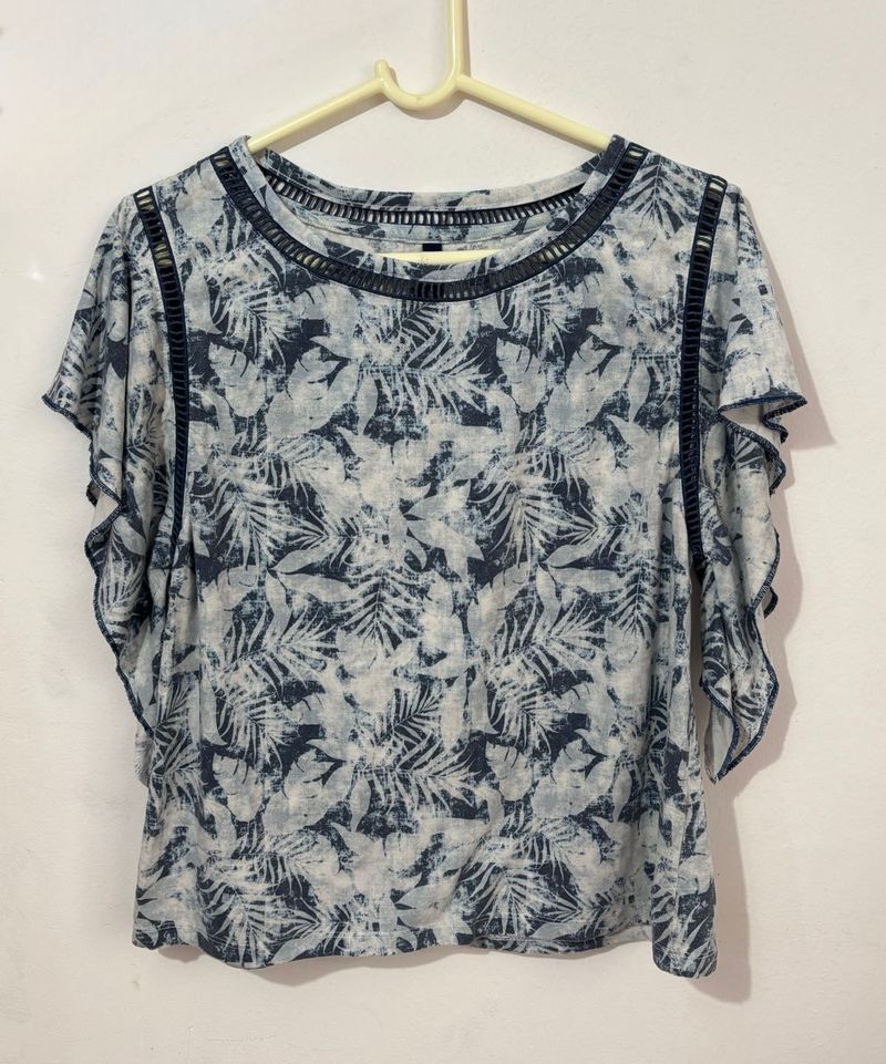 Blue Leaf Print Ruffle Sleeve Top