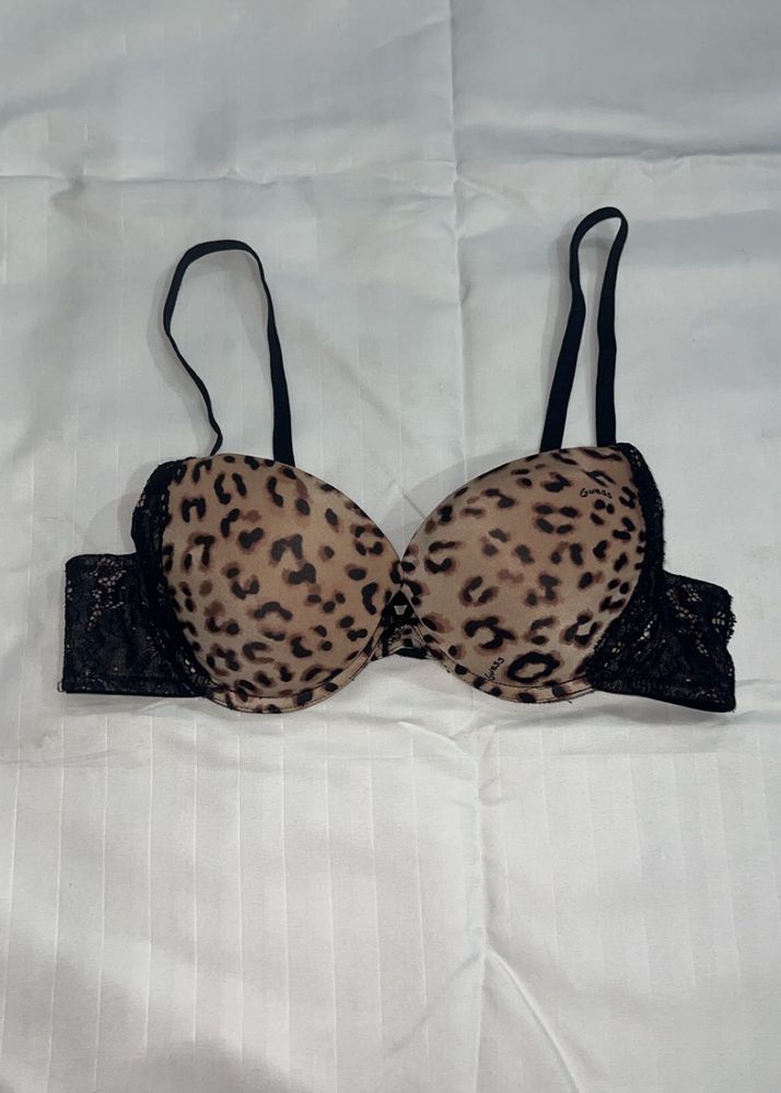 GUESS Leopard Print Bra with Lace Details