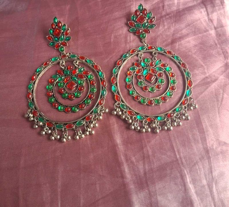 Chunky Red Green Stone Hoop Earrings