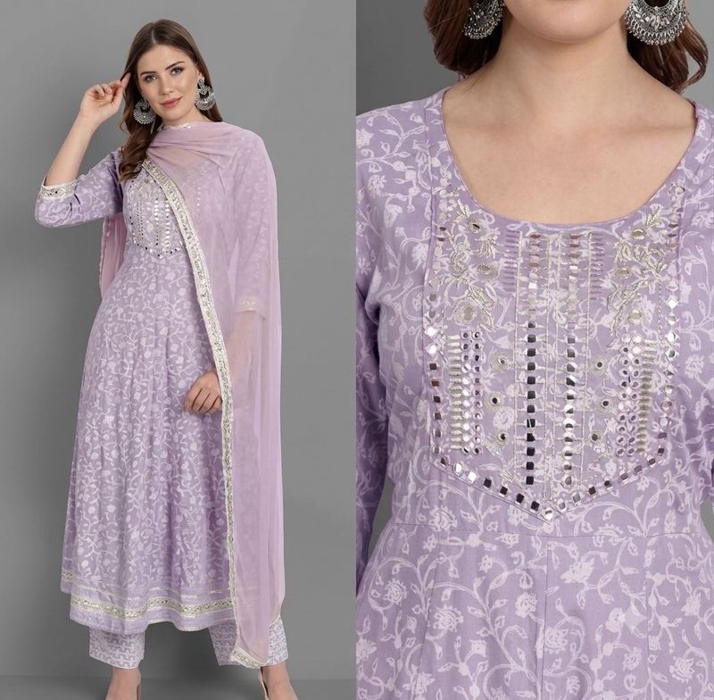 Pure cotton Lavender Floral Mirror Work Kurta Set
