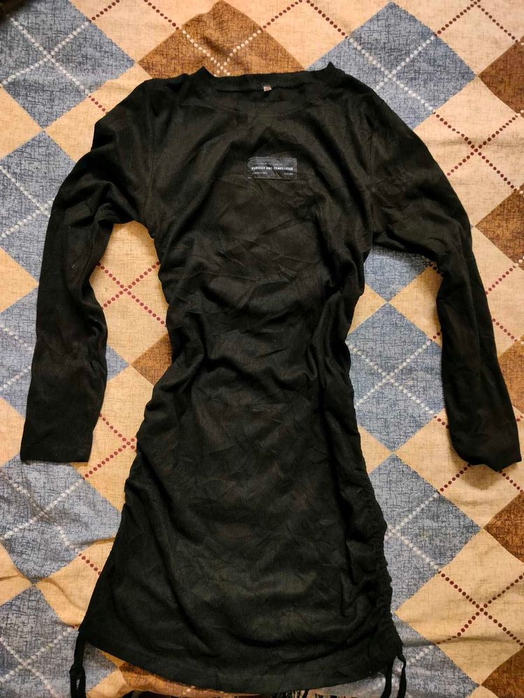 Black Ruched Long Sleeve Dress