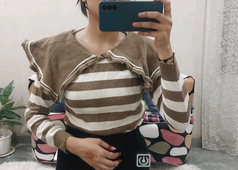 Striped Knit Top with Sailor Collar