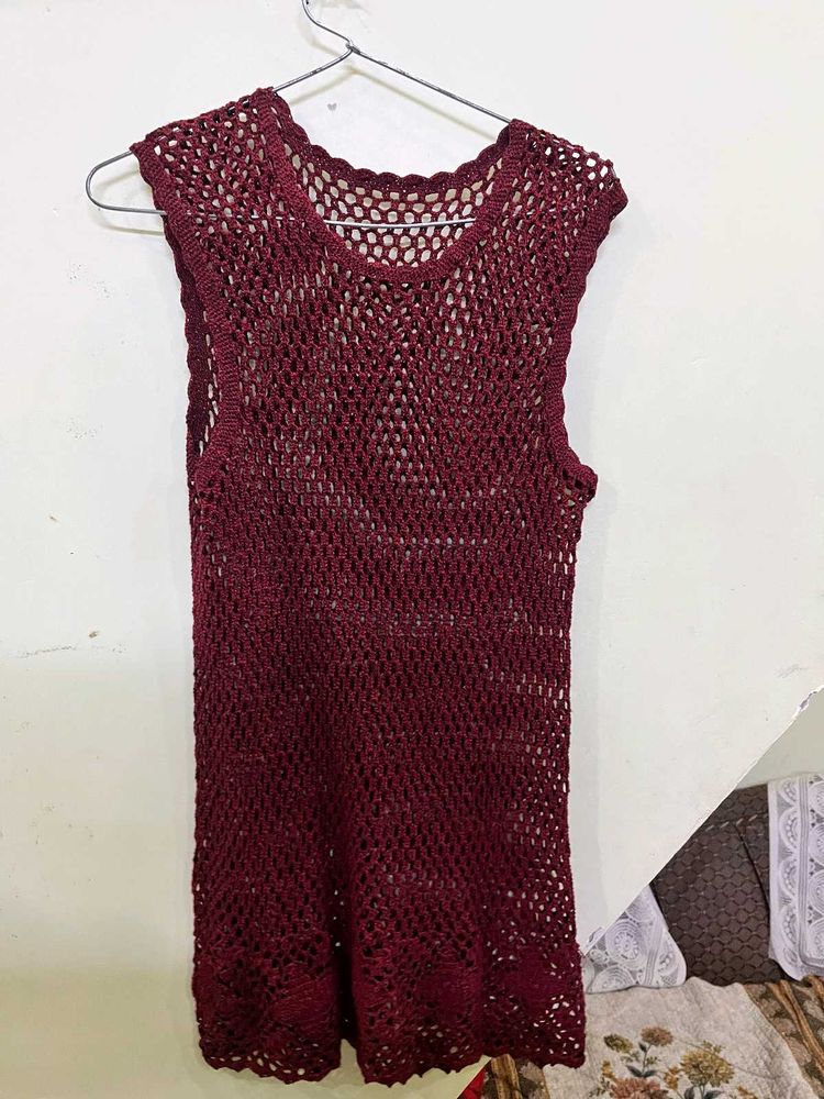 Maroon Crochet Sleeveless Top