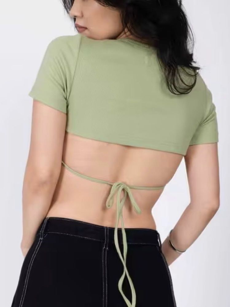 Olive Green Cropped T-Shirt with Tie Back