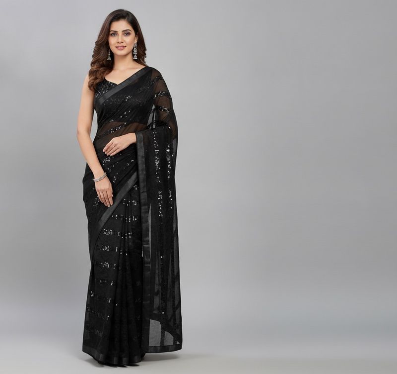 Elegant Black Sequined Saree