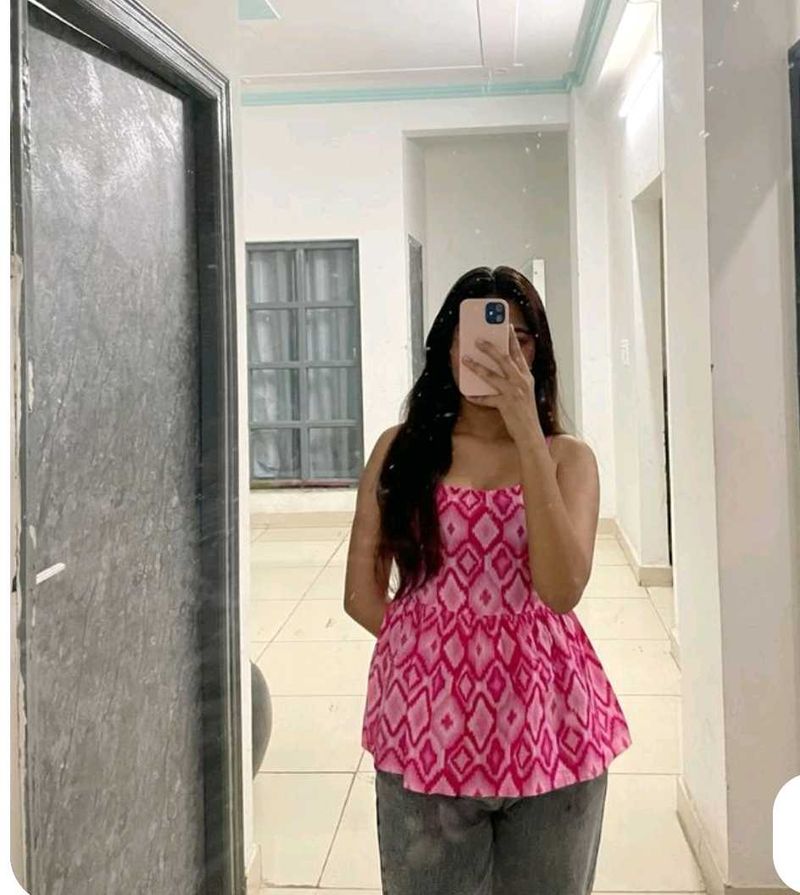 Pink Geometric Print Peplum Top