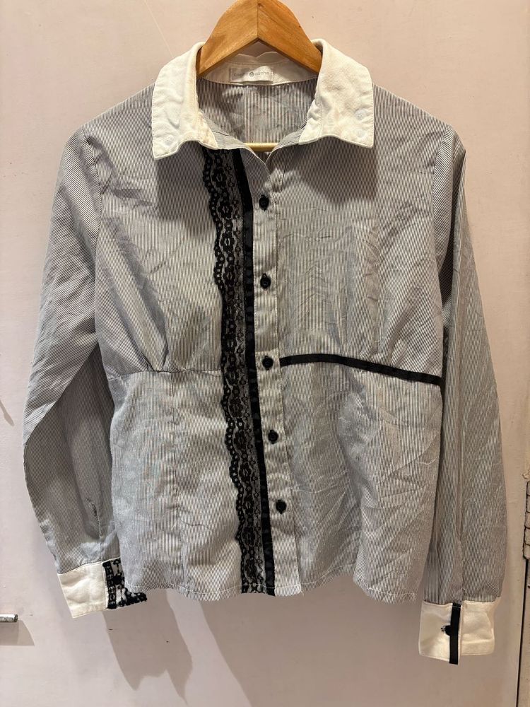 Chic Striped Lace Button-Up Top