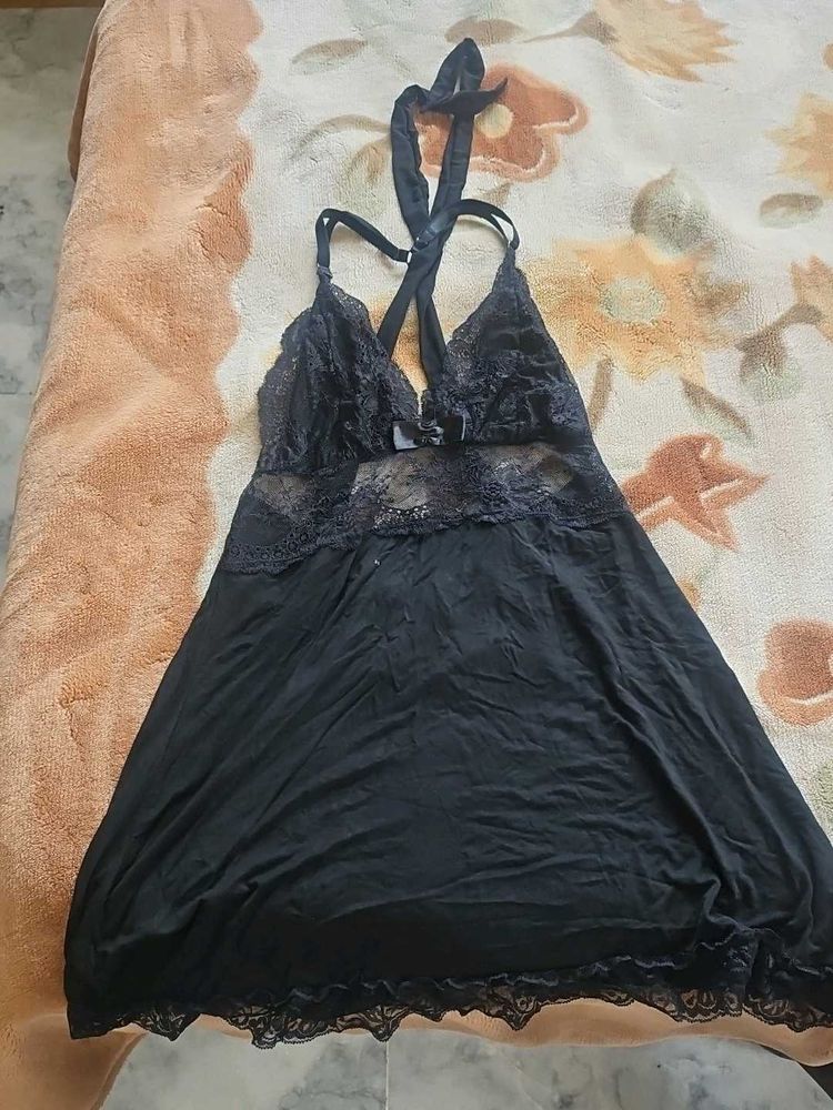 Elegant Black Lace Trim Nightgown