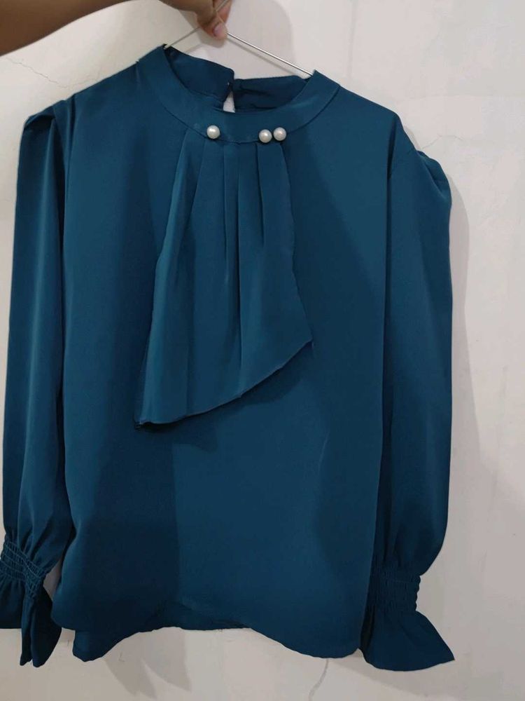 Elegant Teal Blue Pe9arl Embellished Blouse.