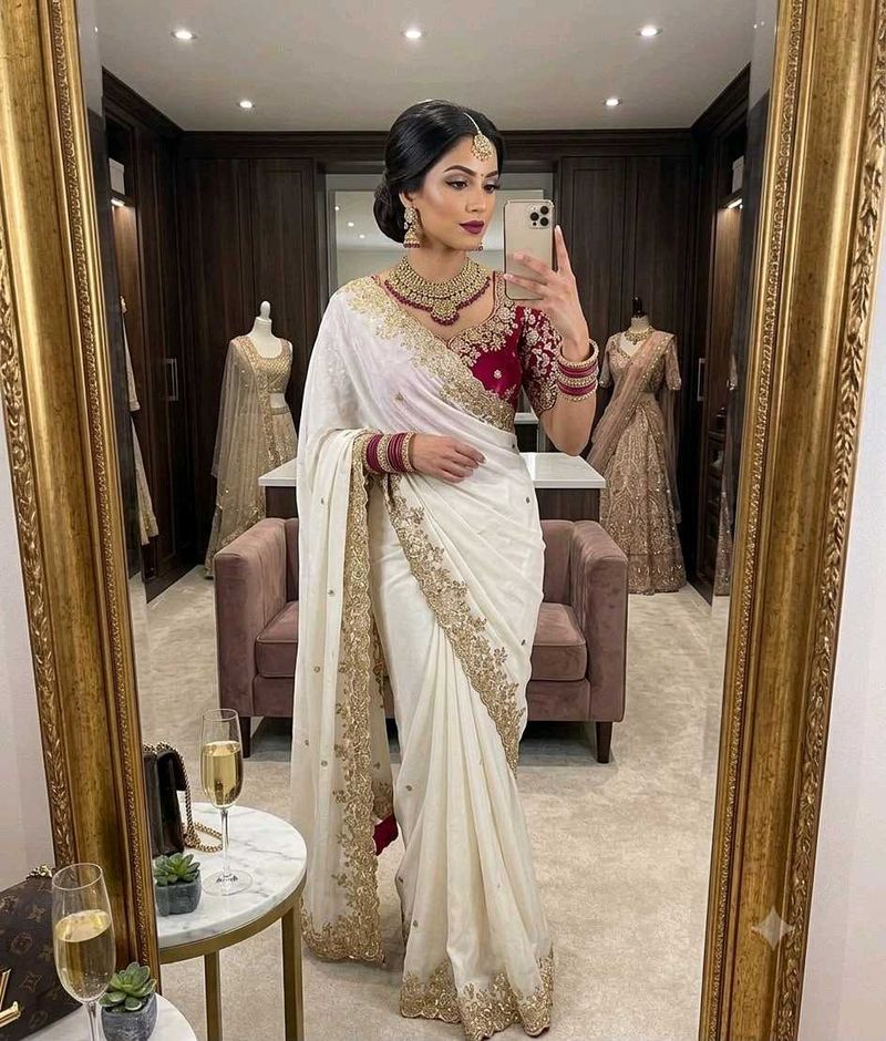 Elegant White &amp; Gold Embroidered Saree