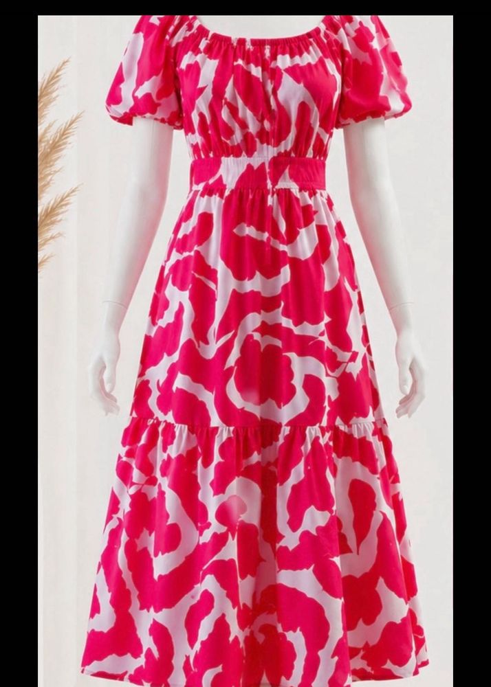 Vibrant Pink &amp; White Patterned Midi Dress