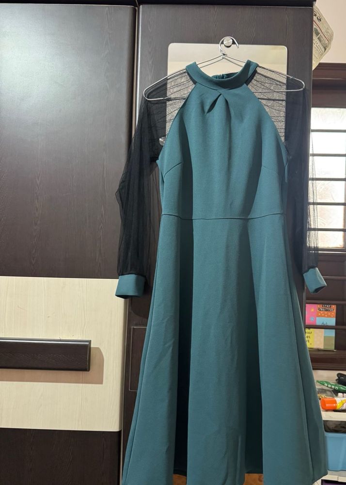 Elegant Teal Mesh Sleeve Dress