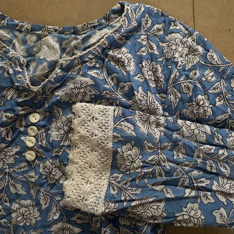 Desi Lace Aesthetic Blue Floral Print Kurta