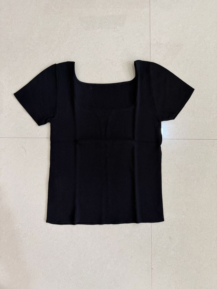 MANGO Black Square Neck Ribbed Top