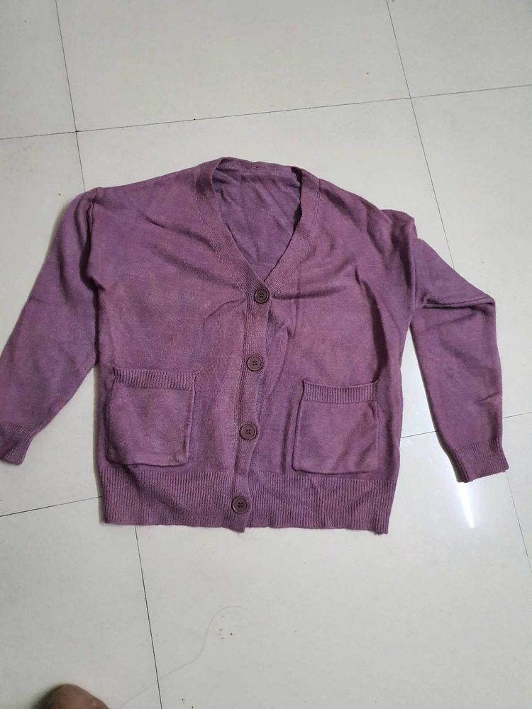 Purple V-Neck Cardigan with Pockets