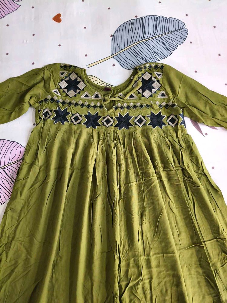 Olive Green Embroidered Kurti