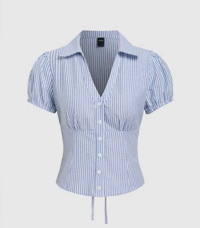 Blue Corset Back Puff Sleeve Shirt
