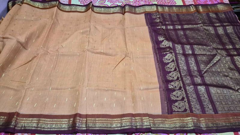 Elegant Peach Saree with Purple Border