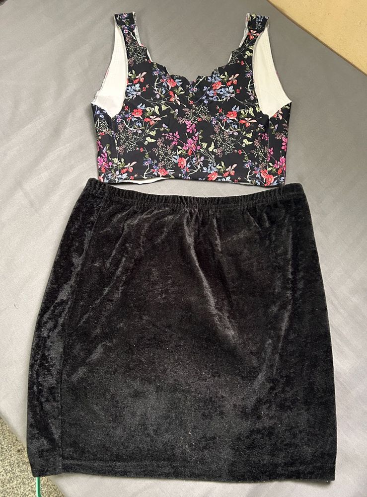 Floral Crop Top &amp; Black Velvet Skirt Set (XS Size)