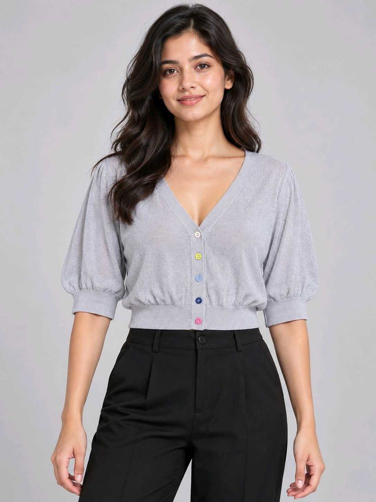 Gray Cardigan with Colorful Buttons