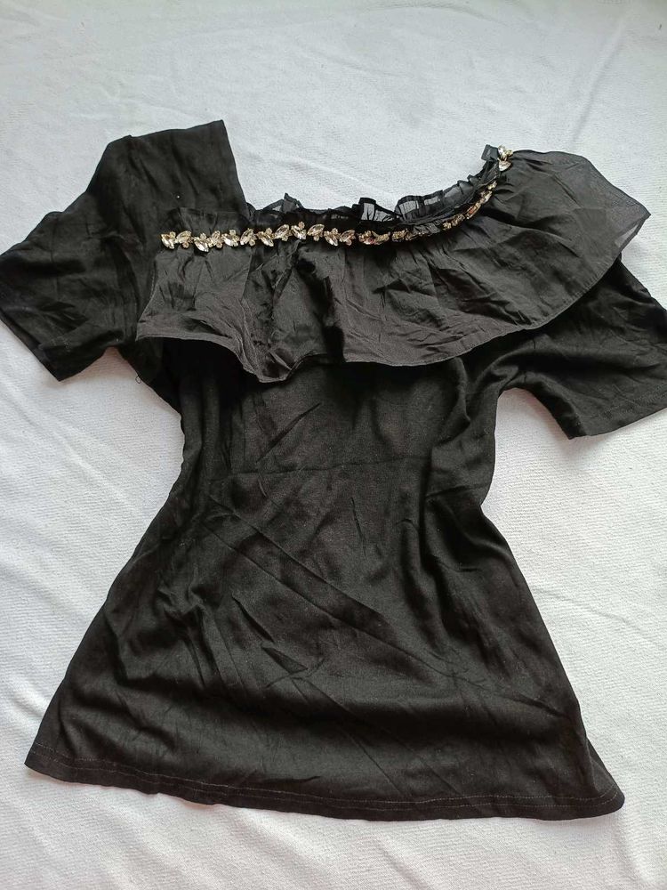 Chic Black Ruffle Top with Embellishments
