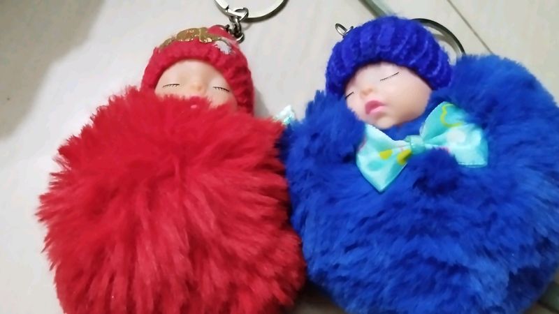 3 Cute Baby Doll Pompom Keychain