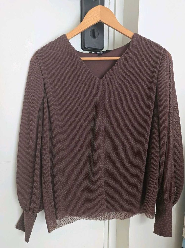 Brown Plisse V-Neck Top