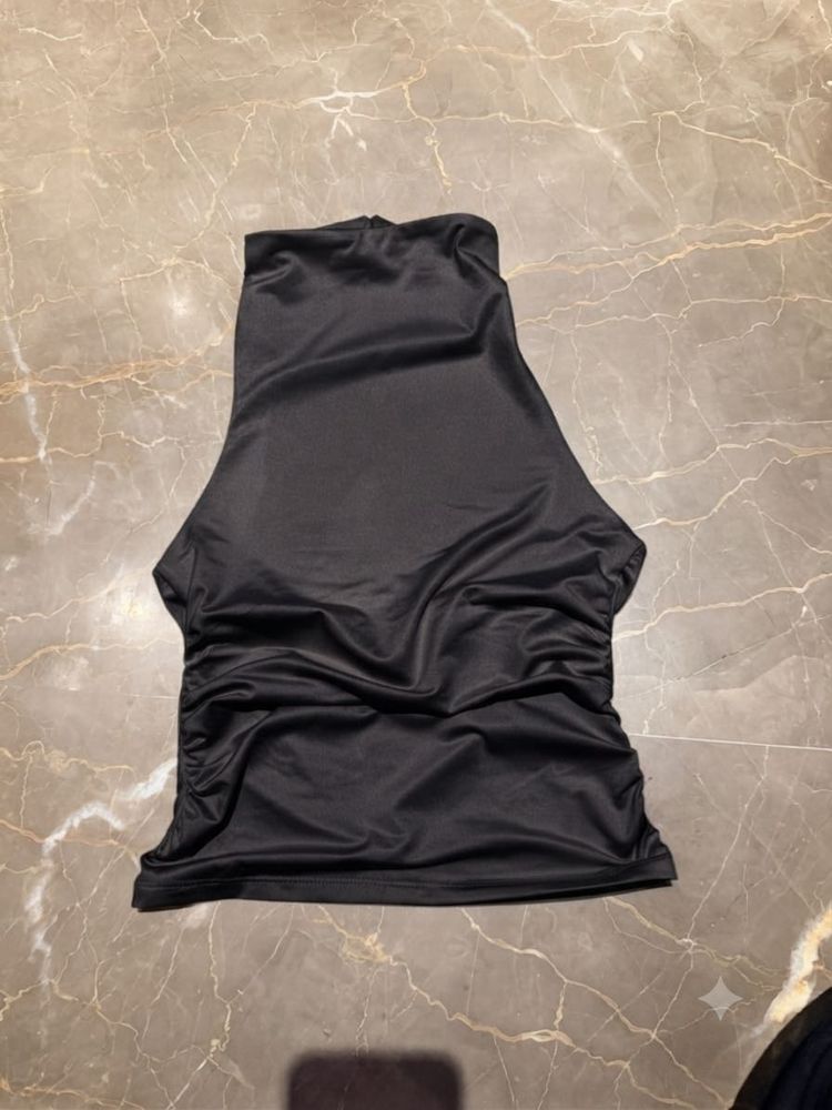 Chic Black Ruched Turtleneck Top