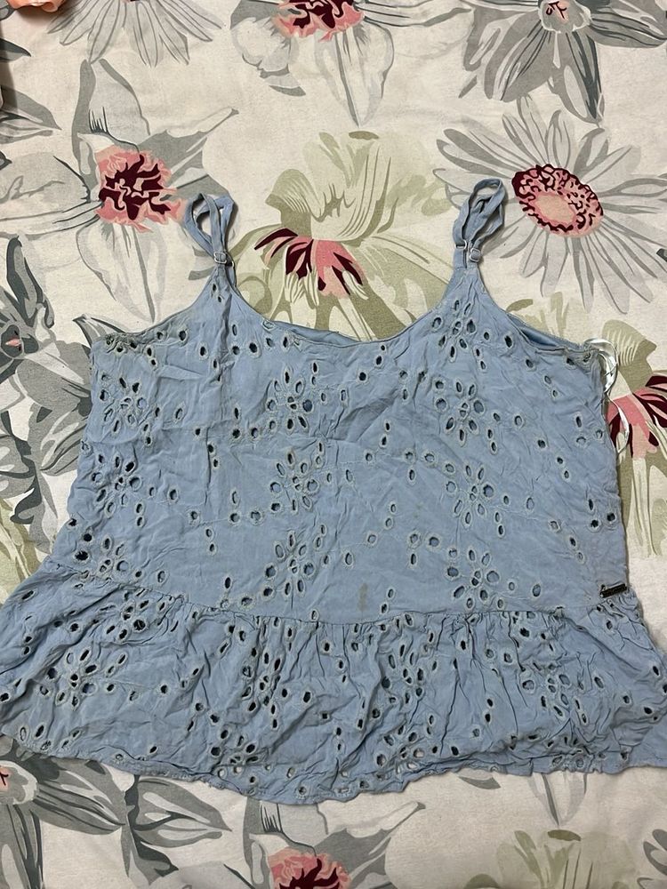 Light Blue Eyelet Ruffle Tank Top